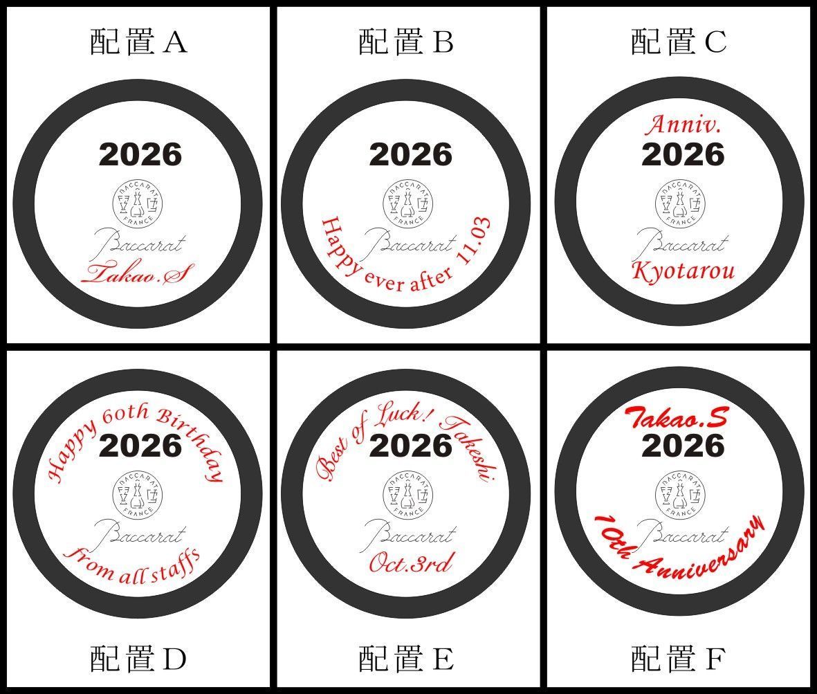 バカラダリアタンブラー2026の底面への名入れ彫刻、6つの配置パターンを示した比較画像。文字数やお好みのスタイルに合わせて選べるオーダーメイドギフトのカスタマイズ提案