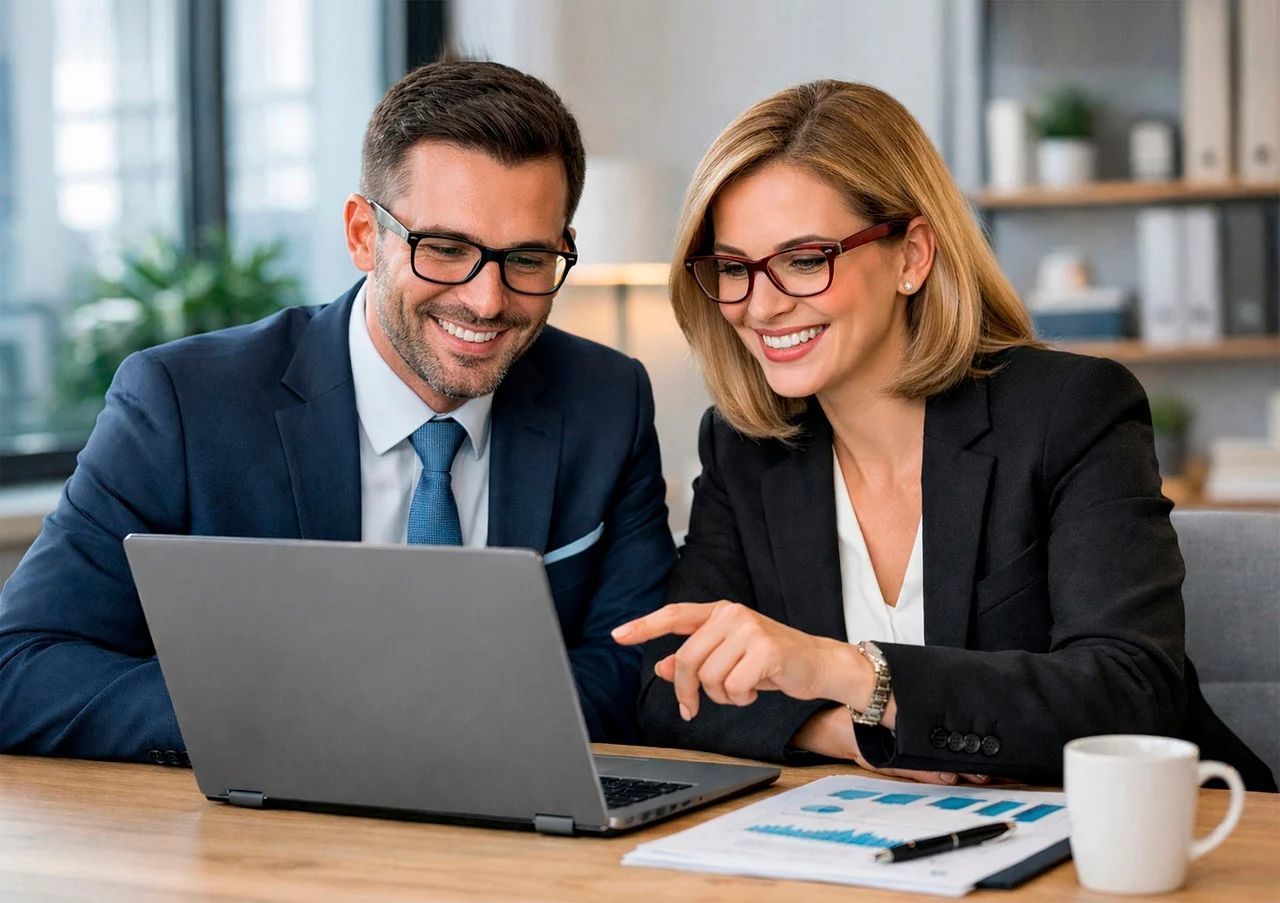 フォーマルな装いの男女二人が、パソコンの画面を眺めながら楽しそうに法人ギフトを探している写真。二人の明るい表情からは、大切なお取引先への贈り物を選ぶ充実感が伝わり、洗練されたビジネスシーンにおいて、相手に喜ばれる特別なギフトを厳選するプロセスを表現したポジティブなイメージ。