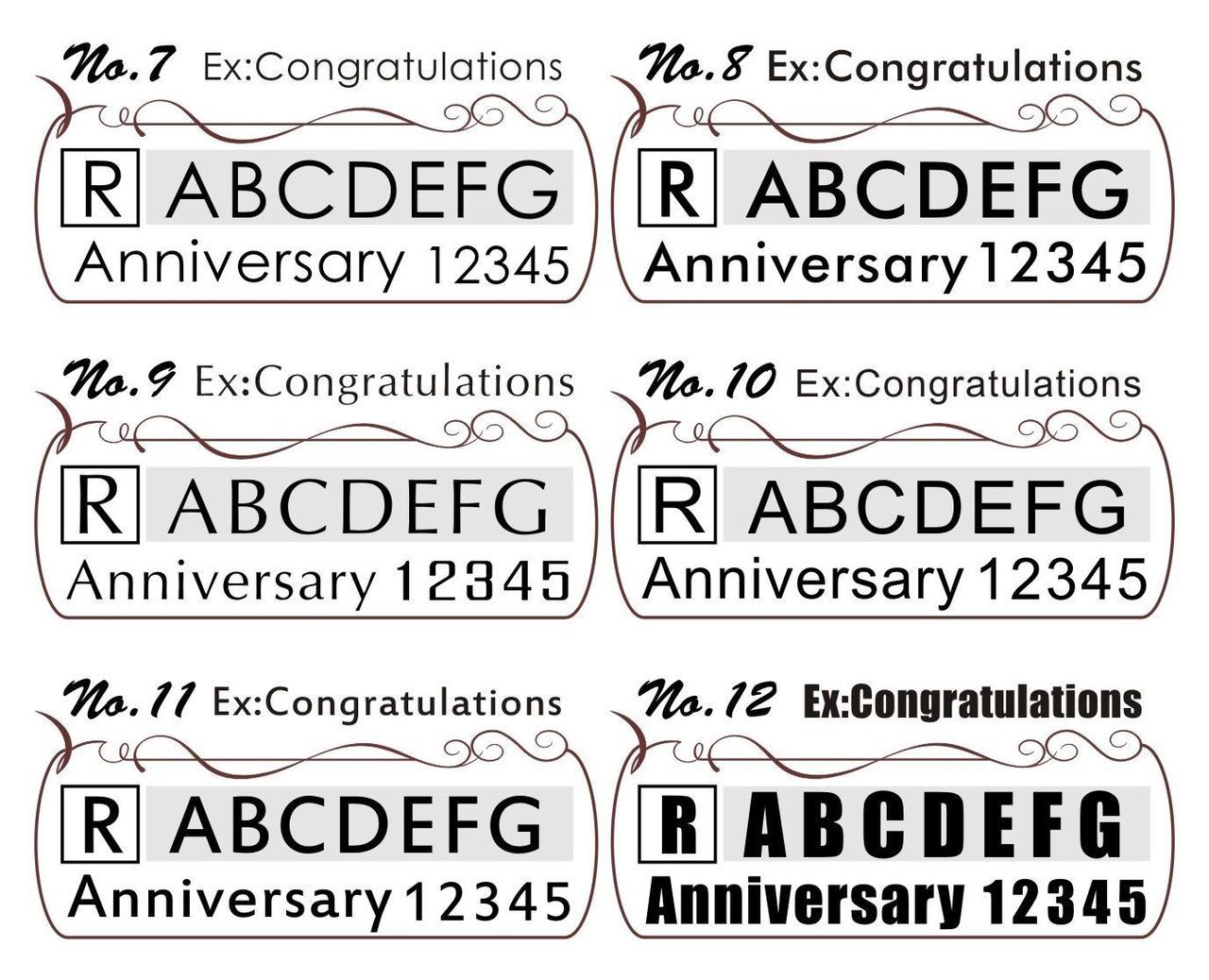 バカラのクリスタルグラスやプレートに名入れ彫刻を施す際の、英字サンセリフ体（Sans-serif Font）に特化した書体比較一覧写真。モダンさや清潔感、視認性の高さを特徴とする6種類のサンセリフ体のサンプル文字が、横一列に並んで表示されている。現代的な法人ギフトやビジネスの記念品を選ぶ顧客に対し、クリアで洗練された雰囲気を伝えるための視覚的な提案資料