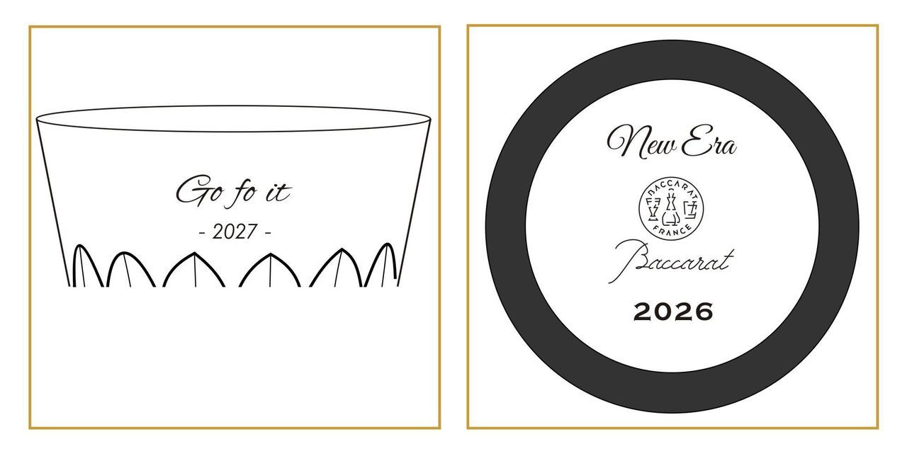 バカラのクリスタルタンブラーの側面に、カジュアルな英文フォントで『go for it 2027（やってみよう！ 2027）』と名入れ彫刻したサンプル写真。クリスタルの光沢のある表面に、未来への挑戦を応援するメッセージと年号が刻まれた、勇気づけや記念品としてのギフトイメージ。