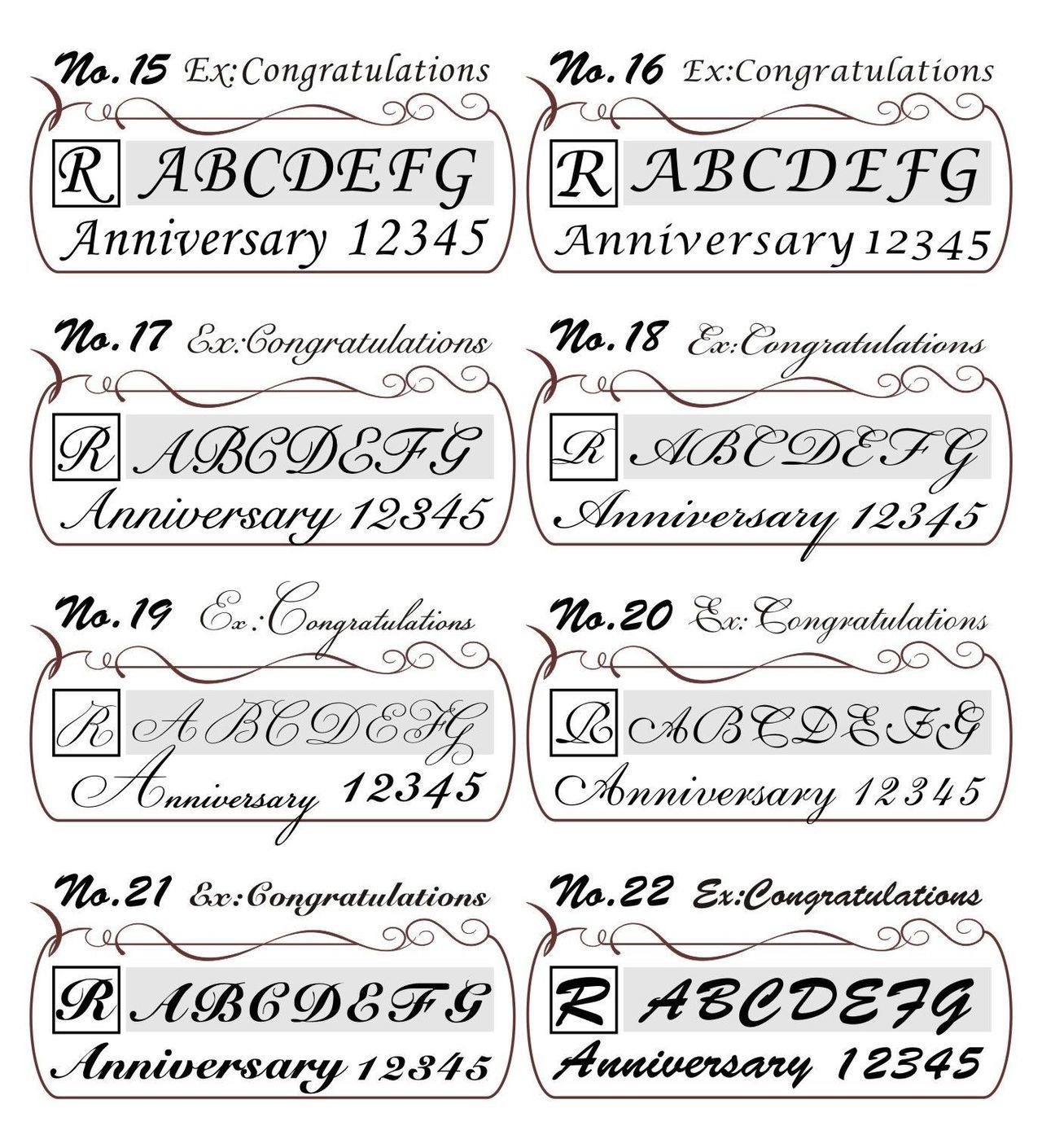 バカラのクリスタルグラスやプレートに名入れ彫刻を施す際の、英字スクリプト体（Script Font）に特化した書体比較一覧写真。手書き風の筆記体やカリグラフィーのような優雅さ、ロマンチックな雰囲気を特徴とする8種類のスクリプト体のサンプル文字が、二列に並んで表示されている。法人ギフトを選ぶ顧客に対し、最もエレガントでパーソナルな雰囲気を伝えるための視覚的な提案資料