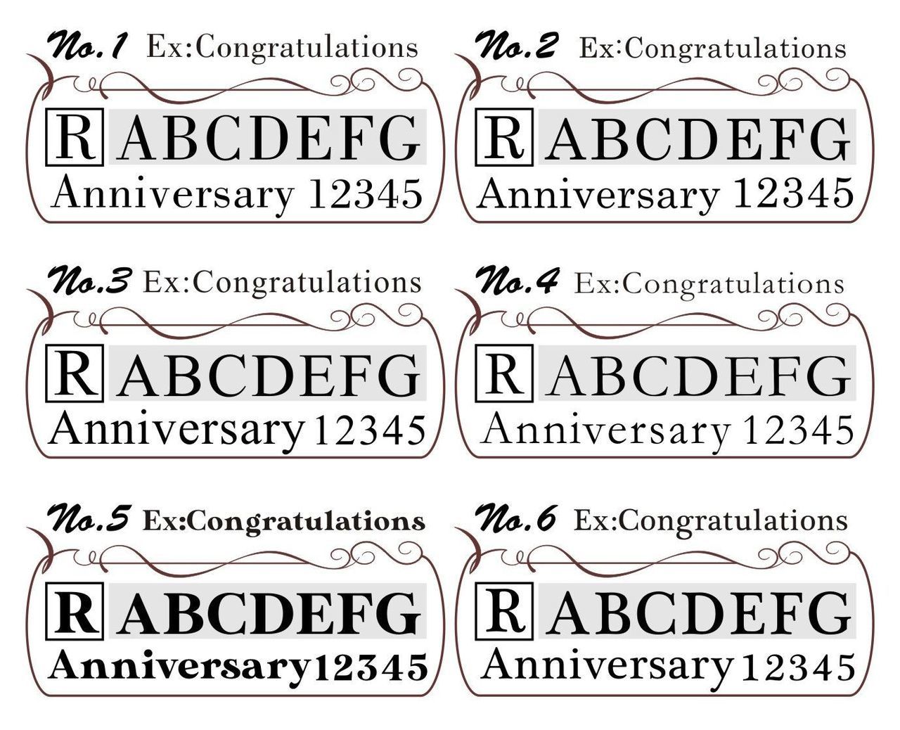 バカラのクリスタルグラスやプレートに名入れ彫刻を施す際の、英字セリフ体（Serif Font）に特化した書体比較一覧写真。優雅さや伝統的な重厚感を特徴とする6種類のセリフ体のサンプル文字が横一列に並んで表示されている。法人ギフトや格式高い記念品を選ぶ顧客に対し、理想の雰囲気に合った書体を選択してもらうための視覚的な提案資料