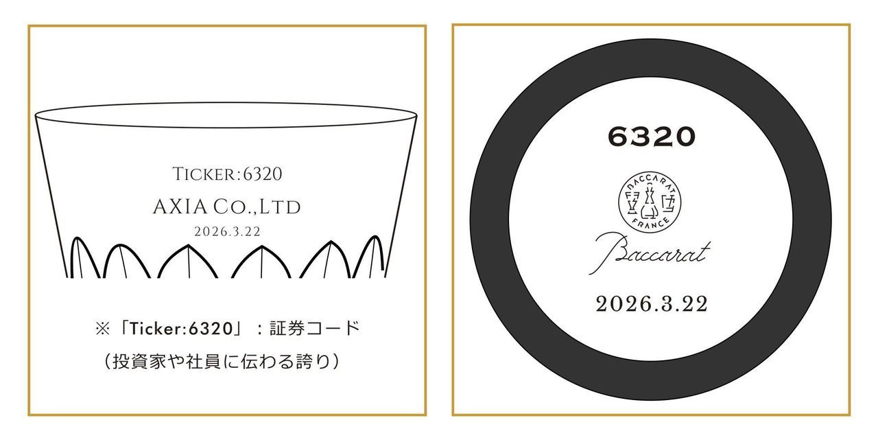 バカラのクリスタルタンブラーの側面に、証券コードを記した『Ticker: 6320』、企業名、そして『2026.3.22』の日付を精密に名入れ彫刻したサンプル写真。上場記念や節目となる重要な取引日を祝う、透明感あふれるクリスタルと洗練された刻印が融合した、格調高い法人向け金融・上場記念ギフトのイメージ。